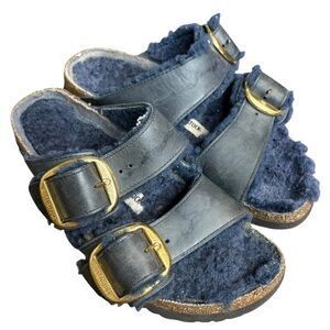 Birkenstock Arizona Shearling Sandals navy blue leather big buckle size 39 US 8